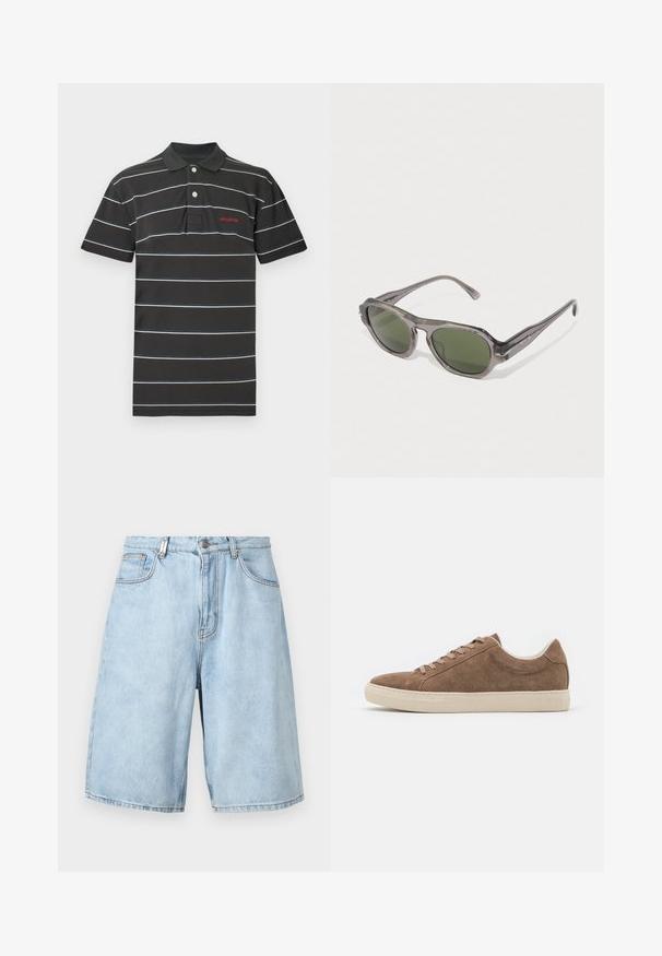 Schwarzes Poloshirt mit weißen und blauen horizontalen Streifen, klassischem Kragen, zwei Knöpfen und einem roten Logo auf der Brust. Material aus Baumwollmischung.; Hellblaues Denim-Shorts mit lockerer Passform, ausgestattet mit zwei Fronttaschen, einem Reißverschluss und sichtbaren Nähten.; Braune Wildleder-Sneaker für die Freizeit mit niedrigem Profil, flacher beige Gummisohle und sechs Schnürlöchern. Abgerundete Zehenform und minimalistisches Design.; Graue durchsichtige Sonnenbrille mit grünen Gläsern, runder Form und schlanken Bügeln mit gravierten Markendetails.
