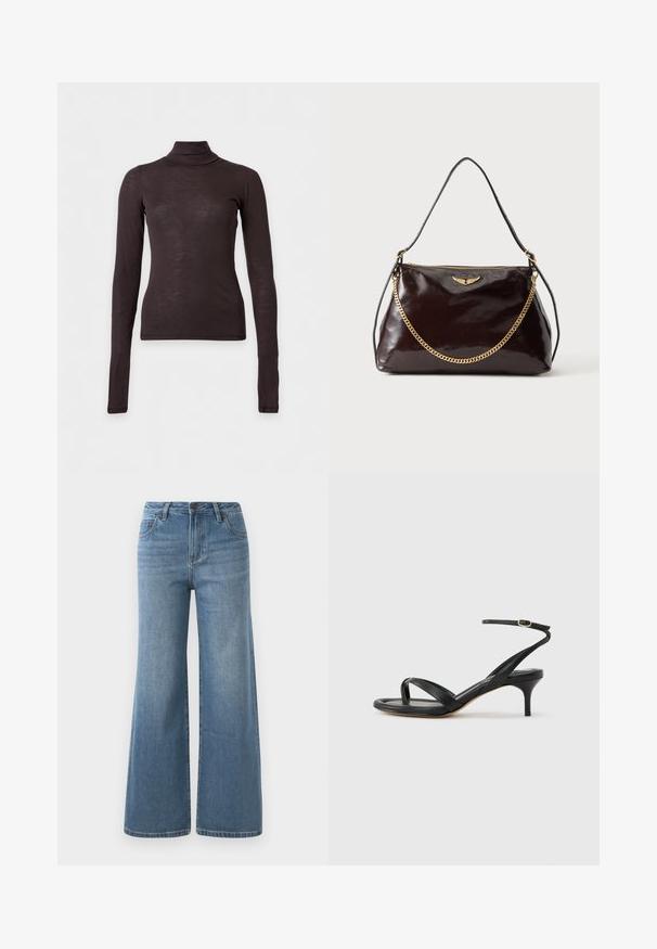 Donkerbruine coltrui met lange mouwen, slim fit en lichtgewicht stof op een effen lichte achtergrond.; Lichtblauwe wijde denim jeans met hoge taille, knoop- en ritssluiting en voorzakken.; Zwarte leren dames sandaal met dunne bandjes, een teengreep, een enkelgesp en een stilettohak van gemiddelde hoogte op een neutrale achtergrond.; Donkerbruine glanzende leren handtas met een gouden vleugelembleem, gouden kettinkdetail en een dunne leren schouderriem op een effen achtergrond.