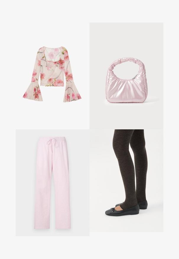 Blusa floral hecha de tela transparente, con mangas de campana, cuello con volantes, patrones de rosas rosas y un diseño ligero y aireado.; Pantalones de pijama color rosa claro en una tela texturizada con un corte holgado, que cuentan con una cintura elástica y un cordón para ajustes.; Piernas con leggings oscuros acanalados combinados con bailarinas negras que presentan pequeños detalles de lazo sobre un fondo blanco.; Bolso de mano acolchado en color rosa con un diseño redondeado, fabricado en material brillante. Presenta un asa fruncida y un cierre de cremallera para un acceso seguro.