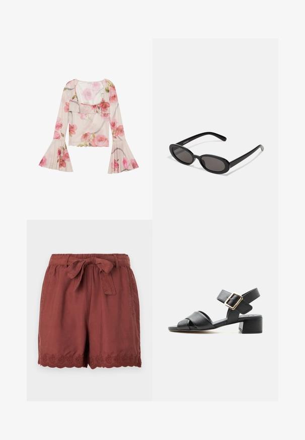 Blomsterbluse lavet af gennemsigtig stof, med klokkeærmer, rynket halsudskæring, rosa rose mønstre og et let, luftigt design.; Rustrøde shorts lavet af letvægtsstof, med en elastisk talje og snøring samt detaljeret bølget broderi ved kanten.; Sort læder damesandal med krydsede remme, justerbar guldbøjle og lav blokhæl på hvid baggrund.; Even&Odd Solbriller - black