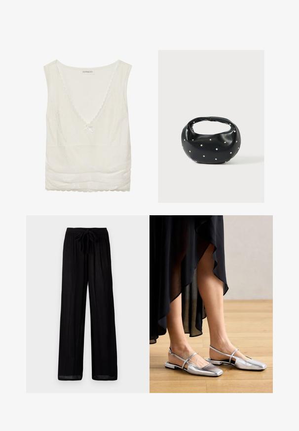 Camiseta sin mangas blanca con un delicado encaje, escote en V, lazo decorativo en el centro y detalles fruncidos en la parte inferior.; Pantalones negros de pierna ancha con una tela texturizada, que presentan una cintura atada y un corte relajado. El dobladillo es ligeramente transparente con una silueta recta.; Zapatos planos metálicos plateados con diseño de punta cuadrada, tira trasera y acentos recortados. Textura suave sobre un suelo de madera.; Bolso de mano de cuero negro con forma redondeada, decorado con detalles de tachuelas plateadas y un asa corta. Textura lisa y cierre con cremallera.