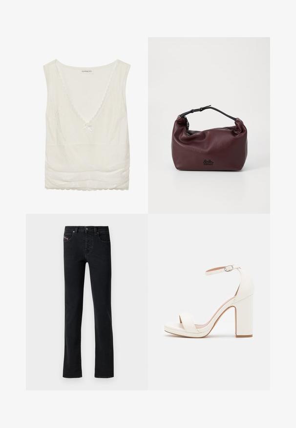 Hvid cami-top med en delikat blondekant, V-udskæring, dekorativ sløjfe i midten og rynkede detaljer i bunden.; Sort denim jeans med lige snit, som har fem lommer og subtile syninger. Stoffet har en glat tekstur og minimal falmen.; Hvide højhælede sandaler med ankelrem, minimalistisk design, åben tå, blokhæl og glat lædertekstur.; Bordeaux lædertaske med en blød, krøllet tekstur, en sort justerbar rem og lynlåslukning. Har et diskret logo i bunden.