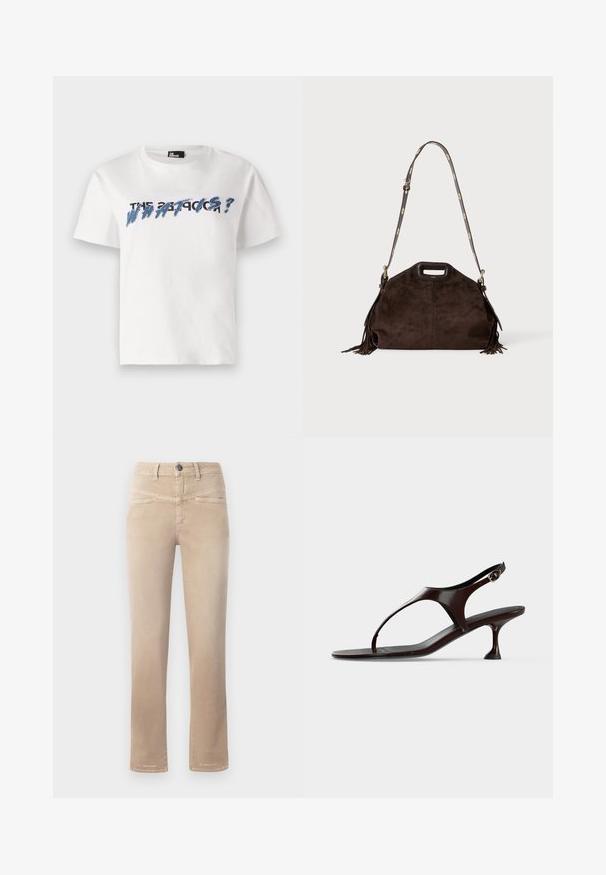 Hvid bomulds t-shirt med korte ærmer og rund hals. Har en blå og sort tekstgrafik med teksten "THE 27 PROBLEM?" i fede bogstaver.; Beige lige bukser lavet af blødt stof, med lukning foran med knap, to frontlommer og subtile syningsdetaljer.; Mørkebrun laklædersandal med rem bagpå, lille hæl og tårem på hvid baggrund.; Mørkebrun ruskindstaske med topudskåret håndtag, justerbar skulderrem med gulddetaljer og frynser i siderne.