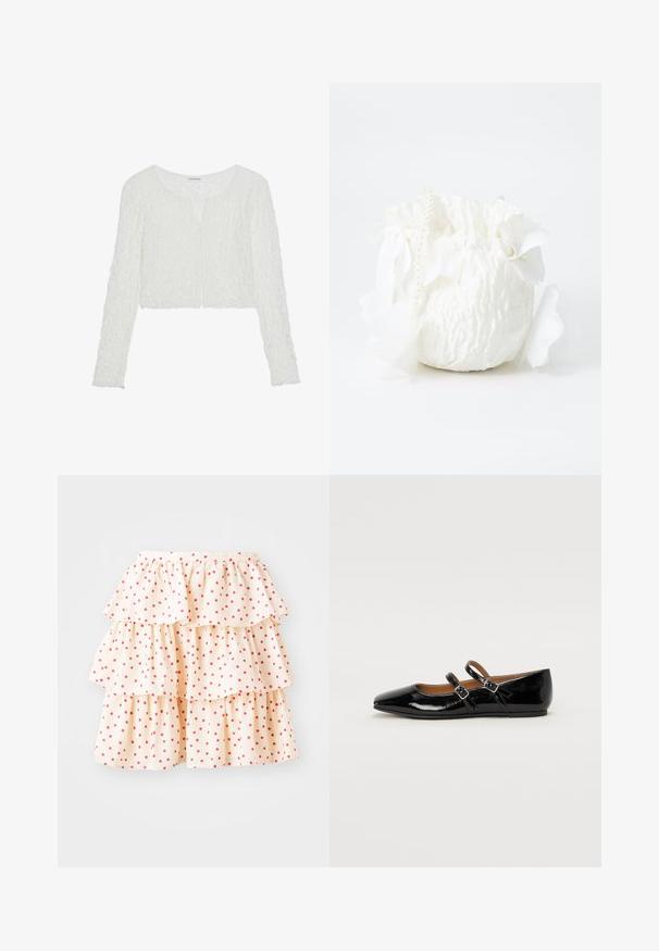 Even&Odd by Zalando T-shirt à manches longues - off white; Jupe à volants en tissu crème clair avec des pois rouges. Elle présente trois couches de volants au bas et une taille élastique.; Ballerine plate en cuir verni noir avec un bout pointu, deux brides ajustables avec boucles, et une semelle plate. Texture lisse avec une finition brillante.; Sac en tissu blanc avec une finition texturée, doté d'un cordon de serrage en haut, de pétales blancs décoratifs et d'une sangle accentuée de perles.