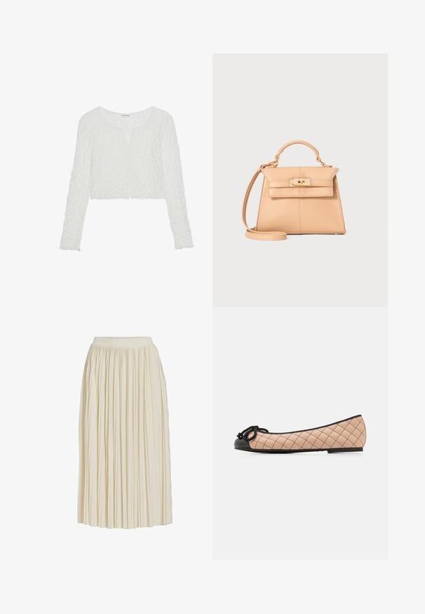 Even&Odd Camiseta de manga larga - off white; Falda midi color crema con pliegues verticales estrechos y cintura ajustada, mostrada sobre un fondo blanco liso.; Mocasines de ballet en cuero acolchado beige claro con punta de charol negro y detalle de lazo. Perfil esbelto con acabado mate y costuras sutiles.; Bolso de mano de cuero beige con una forma estructurada, asa superior, correa ajustable y detalles de cierre en metal dorado. Textura suave, diseño minimalista.