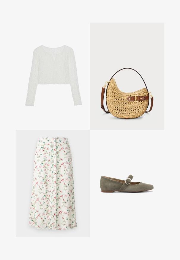 Even&Odd by Zalando Top s dlhým rukávom - off white; Kvetinová midi sukňa z bielej látky s ružovými, modrými a zelenými kvetmi, s gombíkovými detailmi na prednej strane a rovnou siluetou.; Zelené semišové baleríny s okrúhlou špičkou, tenkým remienkom so strieborným krúžkom a nízkym hnedým podpätkom.; Tkaný slamienkový hobo batoh s oblým tvarom, hnedým koženým popruhom s prackou a prirodzenou béžovou farbou. Textúrovaný povrch s viditeľnými stehmi.