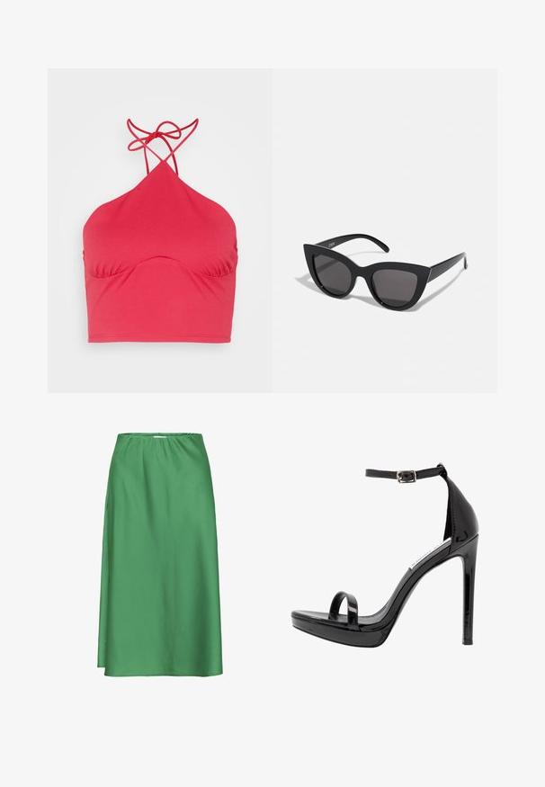Even&Odd Top - pink; Grøn satin nederdel med elastisk taljebånd, midt-længde, glat tekstur og et enkelt, flydende design uden synlige mønstre eller accenter.; Steve Madden MILANO - Højhælede sandaletter / Højhælede sandaler - black; Sorte cat-eye solbriller med mat finish, der har grå tonede linser, skarpe vinkler og slanke sidearme. Mærkenavnet er synligt på den indre arm.