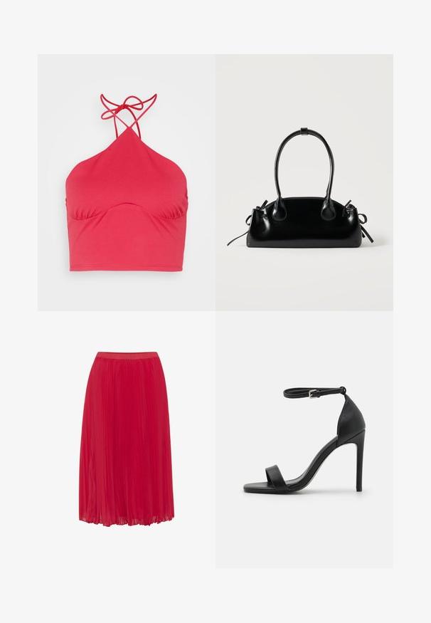 Even&Odd by Zalando Top - pink; Rød plisseret nederdel i et glat, let materiale. Har en elastisk talje og et flydende design for nem bevægelse.; Sort højhælet sandal med et sleek design, der har en ankelrem, åben tå og glat lædertekstur.; Lille sort blank håndtaske med to lange håndtag og snøre-detaljer i siden på en ensfarvet lys baggrund.