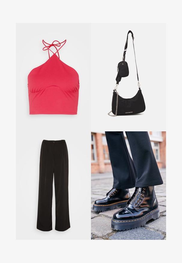 Even&Odd Débardeur - pink; Vero Moda Wide leg VMLUNADESI Mid waist - Pantalon classique - black; Bottines en cuir verni noir avec une semelle en caoutchouc épaisse, fermeture éclair sur le côté, quincaillerie en œillet doré et détail de surpiqûre jaune contrastant.; Sac en nylon noir à l'épaule avec une forme incurvée, accent en chaîne argentée, pochette mini amovible et bandoulière ajustable ; présente le logo "Steve Madden".