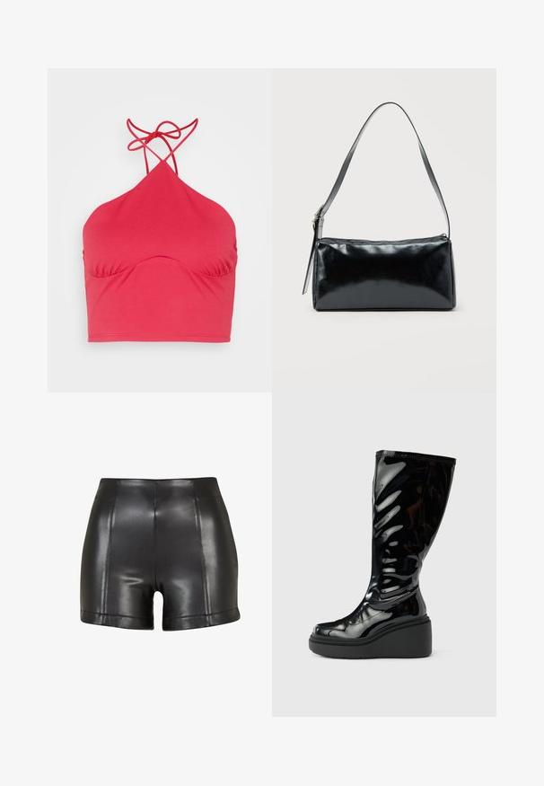 Even&Odd by Zalando Débardeur - pink; Shorts en simili cuir noir avec une taille haute, une texture lisse et des coutures visibles sur le devant et l'ourlet.; Botte noire brillante montant jusqu'aux genoux avec une texture lisse, un bout arrondi et une semelle plateforme épaisse. Présente un design de vague subtil sur la tige.; Sac d'épaule rectangulaire noir avec une sangle réglable unique et une fermeture éclair supérieure sur un fond uni.