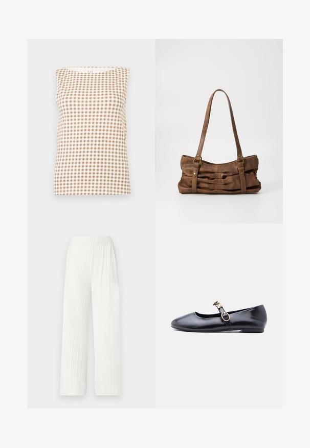 Haut sans manches à carreaux vichy beige et blanc avec un col rond, présenté à plat sur un fond gris clair.; Pantalons larges plissés blancs avec une taille élastique. Fabriqués en tissu léger, dotés de rayures verticales et d'une coupe fluide.; Chaussure plate Mary Jane en cuir noir avec boucle dorée en forme de fleur et deux décorations florales sur la bride, vue de profil.; Even&Odd Sac à main - brown