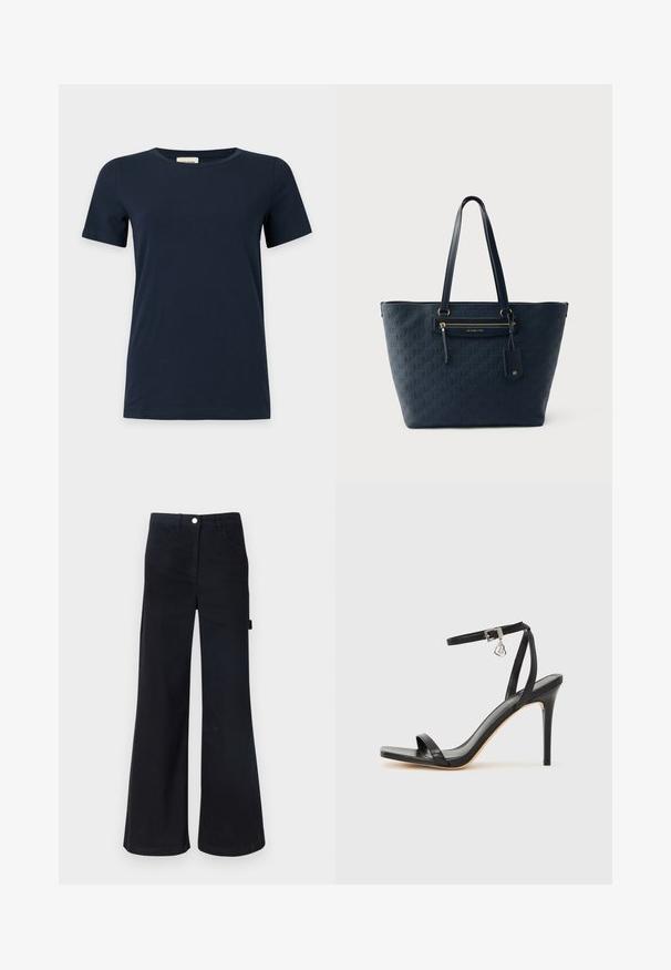 T-shirt bleu marine uni à manches courtes avec un col rond sur fond gris clair.; Pantalons évasés noirs à taille haute en tissu robuste. Comprend cinq poches et une fermeture à bouton en métal à la taille.; Sandale à talon haut noire avec une bride étroite à la cheville, bout carré, cuir lisse et accent de boucle métallique.; Sac cabas bleu marine Michael Kors avec motif de logo embossé, poche zippée à l'avant, longues anses et étiquette en cuir attachée.