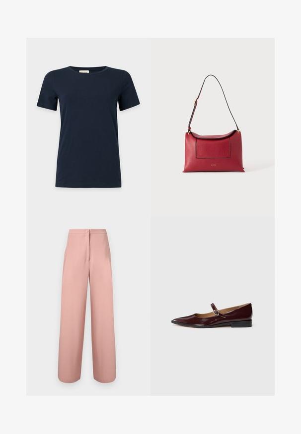 T-shirt bleu marine uni à manches courtes avec un col rond sur fond gris clair.; Pantalon taille haute à jambes larges en tissu rose doux avec bouton devant et fermeture éclair dissimulée.; Ballerines en cuir verni bordeaux de type Mary Jane avec un bout pointu, un talon plat et une sangle décorative avec une boucle circulaire.; Sac à épaule en cuir rouge avec garniture noire, une poche avant et une sangle réglable sur un fond blanc uni.