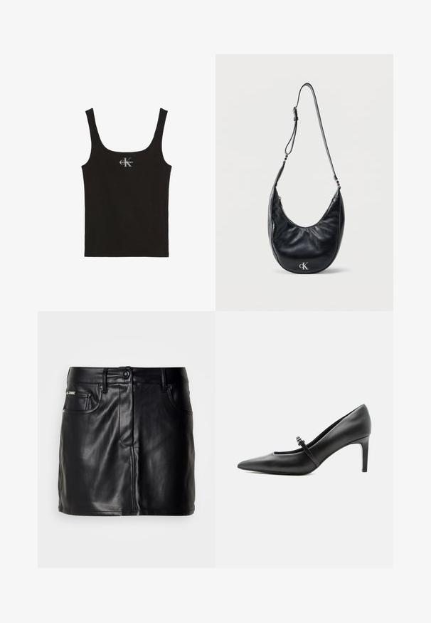 Sort bomulds tanktop med rund halsudskæring og brede skulderstropper. Har et lille trykt "Calvin Klein"-logo på forsiden.; Sort læder mini-nederdel med skræddersyet design, der har forlommer, knaplukning og en glat overflade.; Sort læderspids højhælede sko med tynd rem og spænde over vristen, stående på en neutral lys baggrund.; Sort halvmåneformet skuldertaske i læder med justerbar rem og sølvfarvet "cK"-logo foran, mod en ensartet hvid baggrund.