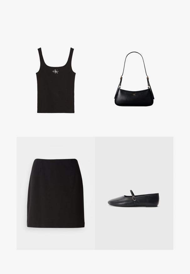 Čierny bavlnený tielko s výstrihom do U a širokými ramienkami. Na prednej strane je malá potlačená značka "Calvin Klein".; Čierna sukňa s priliehavým strihom, vyrobená zo hladkej tkaniny. Má jemné predné záhyby a strih do polovice stehien.; Čierne kožené baletky s špicatou špičkou, plochou podrážkou a malým remienkom so striebornou prackou.; Čierna kožená mini kabelka cez rameno s tenkým remienkom a malým zlatým logom CK v strede na prednej strane.