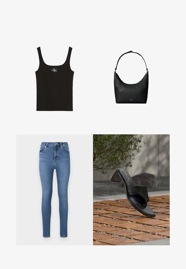 Čierne rebrované tielko so širokými ramienkami a bielym logom Calvin Klein uprostred na hrudi, na bielom pozadí.; Úzke džínsy v stredne modrej denimovej farbe, s vysokým pásom, dizajnom piatich vreciek a jemným prešívaním na vreckách a švoch.; Čierna sandála Calvin Klein na podpätku s prstovou slučkou na drevenej dlažbe vonku pri strome a kamennom múre.; Čierna kožená taška cez rameno s textúrou, s jedným popruhom a malým logom Calvin Klein na prednej strane v strede.