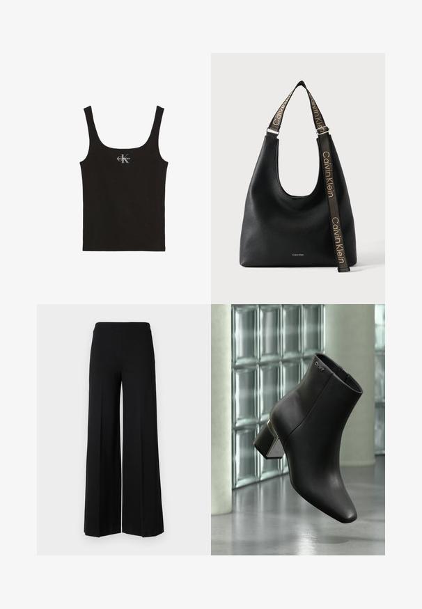 Débardeur noir côtelé avec larges bretelles et logo Calvin Klein blanc au centre de la poitrine, sur fond blanc.; Pantalons larges noirs avec une texture lisse, présentant une taille haute et sans fermetures visibles. Design simple et épuré.; Bottine en cuir noir à talon bloc, logo DKNY près du haut, exposée devant un mur en blocs de verre et un sol en béton poli.; Sac bandoulière en cuir noir Calvin Klein avec une large sangle ajustable affichant le logo Calvin Klein répété en beige.