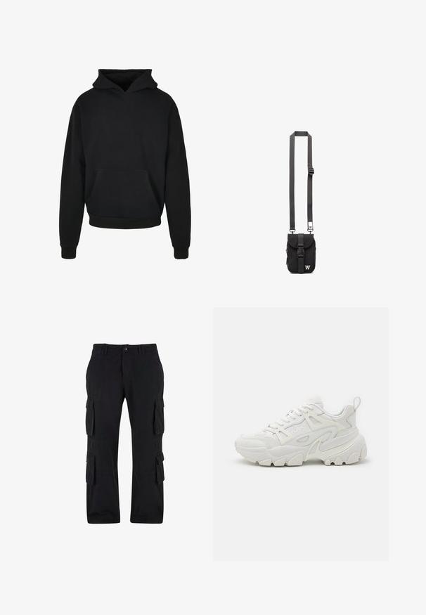 Sweat à capuche noir avec une poche avant, des poignets et un bas côtelés, fabriqué en tissu doux, avec une coupe décontractée et un design minimaliste.; Pantalons cargo noirs en tissu coton, dotés de plusieurs poches latérales, d'une coupe décontractée et d'une jambe droite.; Des baskets de sport blanches avec une tige texturée, des panneaux en maille, une semelle en caoutchouc proéminente et des découpes décoratives sur les côtés.; Sac en bandoulière noir en tissu avec sangle réglable, rabat avant et poche zippée. Doté de quincaillerie de marque et d'une forme rectangulaire compacte.