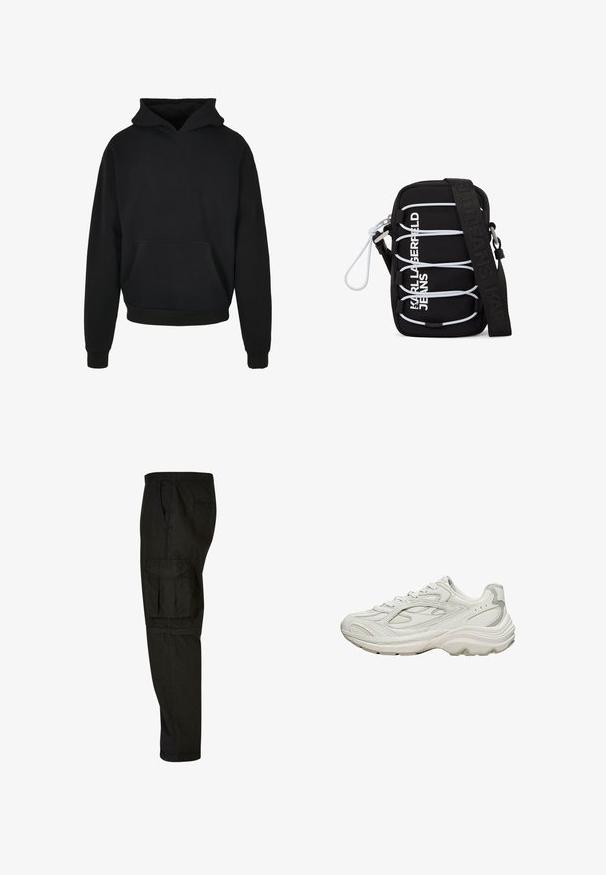 Sort hættebluse med frontlomme, ribbede manchetter og kant, lavet af blødt stof, med en løs pasform og minimalistisk design.; Sorte cargo bukser med afslappet pasform, elastisk talje, sidelommer og en stor cargo lomme på låret. Blødt, letvægtsstof.; Hvid sneaker med en tekstureret overdel og en chunky sål. Den har buede linjer, subtile grå accenter og en snørelukning.; Sort crossbody-taske med hvide elastiske snore, sølv hardware og teksten "KARL LAGERFELD JEANS" i hvid på forsiden, med en bred sort strop.