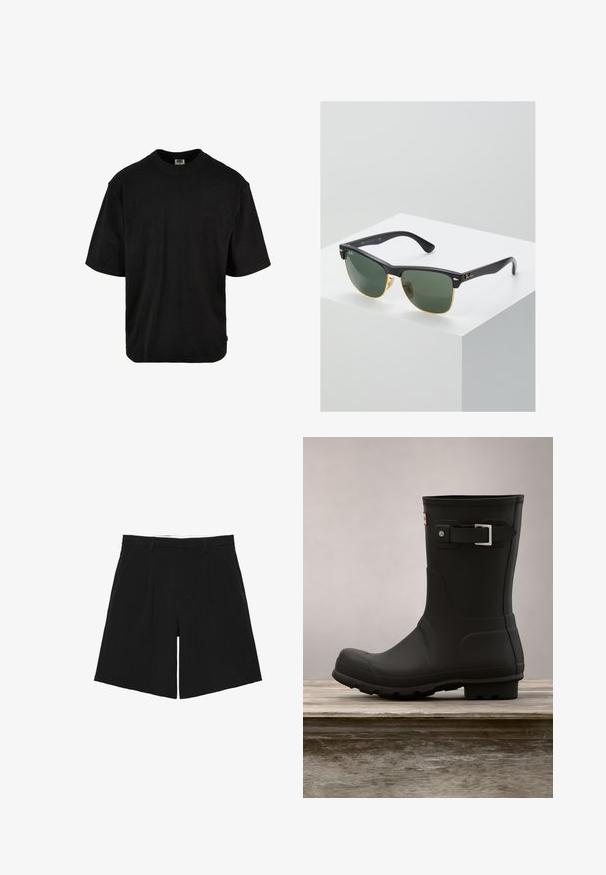 T-shirt noir à manches courtes en coton doux. Il présente un col rond, une coupe décontractée et un ourlet incurvé pour un confort supplémentaire.; Short noir sur mesure avec passants de ceinture, plis devant et poches latérales, posé à plat sur un fond blanc.; Botte de pluie en caoutchouc noir avec un petit talon, un bout arrondi et un accent en boucle en argent. Présente une semelle texturée pour une meilleure adhérence.; Lunettes de soleil Ray-Ban avec des verres verts, monture en plastique noir et accents dorés sur les bords. Forme carrée avec une finition mate.