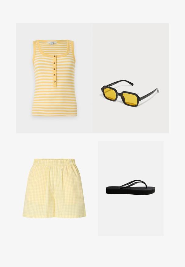 Débardeur côtelé sans manches avec des rayures horizontales jaunes et blanches, encolure ronde, et cinq boutons centraux sur une patte jaune.; Short vichy jaune et blanc avec taille élastique, coupe décontractée et ouvertures de jambes droites.; Tongs en caoutchouc noir avec semelle texturée et bride en forme de Y, vues de côté sur un fond clair uni.; Lunettes de soleil rectangulaires noires avec des verres jaunes. Les caractéristiques incluent des montures épaisses et un design anguleux avec une finition lisse et brillante.