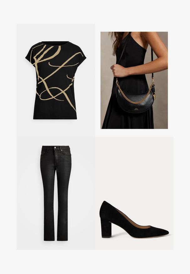 Zwart t-shirt met gouden abstracte lijnpatronen, korte mouwen en een ronde hals. Gemaakt van zachte, lichtgewicht stof.; Zwarte denim jeans met een slim fit, vijf zakken en een subtiele glans. Voorzien van een knoopsluiting en riemlussen.; Zwarte suède damesschoen met lage blokhak, spits toelopende neus en beige binnenvoering op een witte achtergrond.; Vrouw in een zwarte jurk die een zwarte leren handtas in halvemaanvorm met een gouden ketting en band over haar schouder draagt.