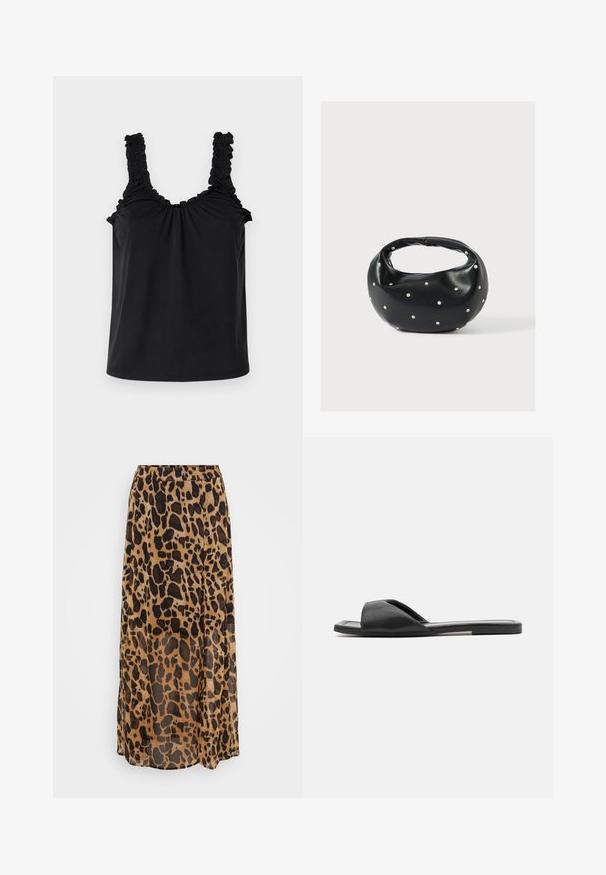 Sort tanktop med rynkede skulderremme, samlet buste og løs pasform. Fremstillet af glat stof med et ensartet design.; Maxi nederdel i leopardmønster i nuancer af brun og sort, lavet af letvægtsstof med et flydende design og elastisk talje.; Sorte slidesandaler har et glat syntetisk materiale, åben tå-designet og en flad sål med en minimal dekorationsstribe på siden.; Sort læderhåndtaske med en rundet form, dekoreret med sølvnitter, og et kort håndtag. Glat tekstur og lynlåslukning.