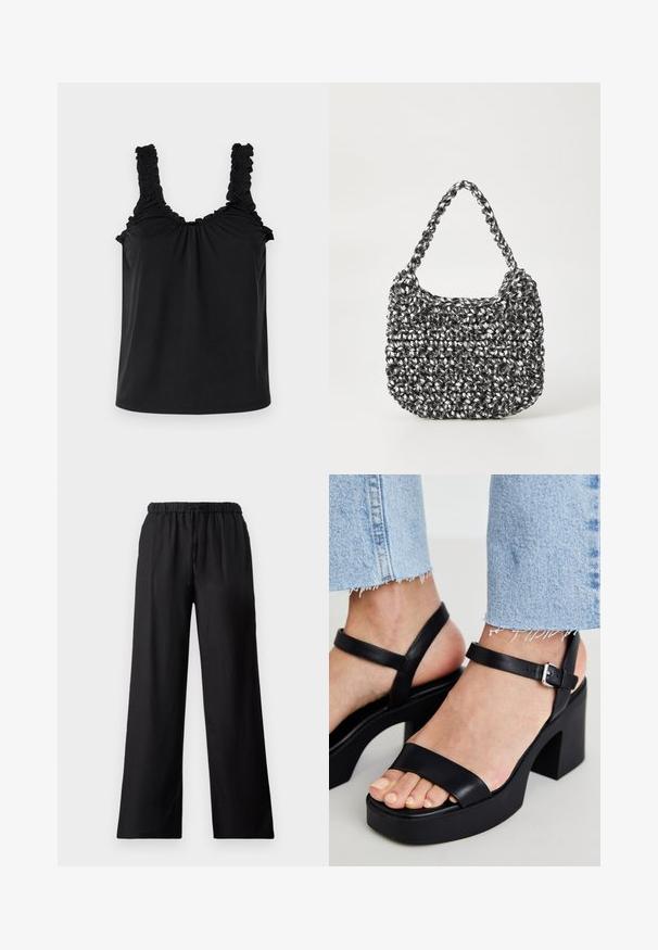 Top negro sin mangas con tirantes de volantes, pecho fruncido y un corte holgado. Confeccionado en una tela suave y de diseño liso.; Pantalones de pierna ancha negros, elaborados con un tejido ligero, que cuentan con una cinturilla elástica con cordón y una textura suave.; ALDO CELIE - Sandalias de tacón - black; Bolso de mano tejido en blanco y negro con forma redondeada, superficie texturizada y asa trenzada. Adecuado para uso casual.