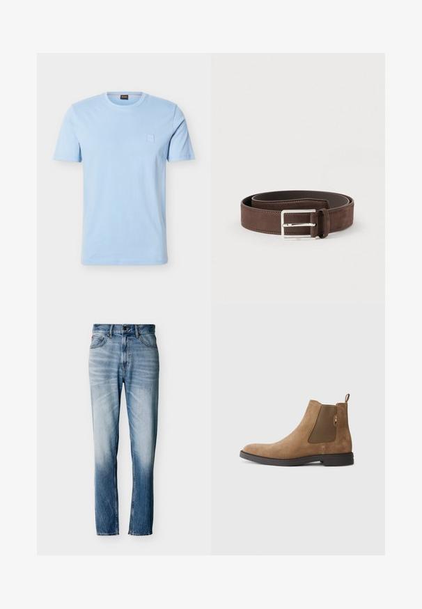 Lyseblå T-shirt med korte ærmer og rund hals, med en lille præget firkantet logo på venstre bryst og en mærketags i nakken.; Blå falmede jeans med lige ben, fem lommer, knaplukning og bæltestropper, vist fladt på hvid baggrund.; Brune ruskinds Chelsea-støvle med elastiske sidepaneler og en hulsløjfe. Har en rund tå og en flad gummisål for stabilitet.; Brunt ruskindsbælte med en glat tekstur, sølvfarvet metalspænde og enkelt design. Har en læderinderside og syningsdetaljer.