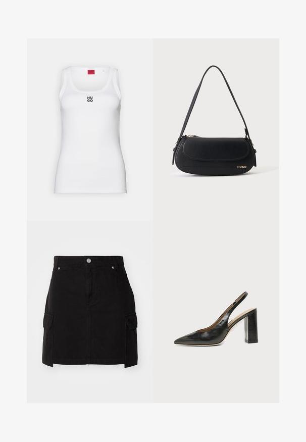 Débardeur blanc en coton, avec un design simple, un col rond et un logo "HUGO" noir au centre. Texture lisse.; Jupe en denim noir avec une silhouette ajustée, fermeture à boutons sur le devant et deux poches cargo sur les côtés. Conçue avec des détails cousus.; Chaussure slingback en cuir noir à bout pointu avec un talon bloc haut et une doublure intérieure beige sur un fond clair uni.; Sac à épaule en cuir noir avec rabat incurvé, logo doré "HUGO" sur le devant, et une bandoulière réglable.