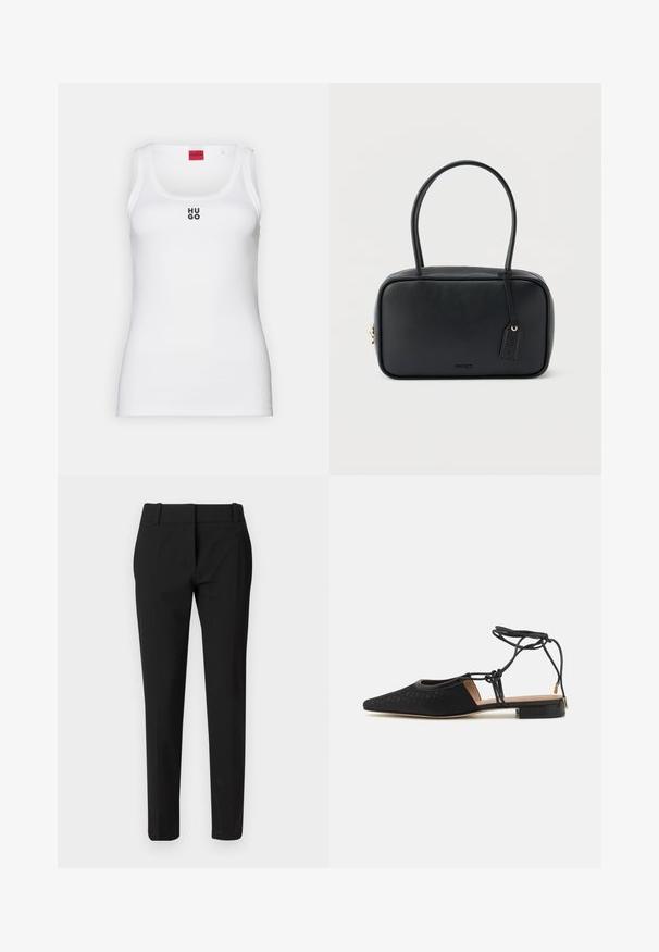 Débardeur blanc en coton, avec un design simple, un col rond et un logo "HUGO" noir au centre. Texture lisse.; Pantalon noir sur mesure avec une coupe droite, une ceinture et une texture lisse. Pas de motifs ou d'ornements visibles.; Chaussure plate noire avec un bout pointu, dessus texturé, liens autour de la cheville et un petit talon carré. Présente un motif subtil sur le matériau.; Sac à main rectangulaire noir avec doubles poignées arrondies, fermeture éclair dorée et logo "HUGO" embossé sur le devant avec une étiquette en cuir attachée.