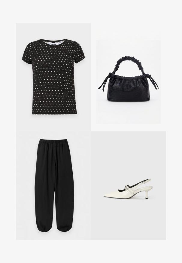Zwart T-shirt met korte mouwen met witte polka dots, ronde hals en een rechte zoom.; Zwarte losvallende broek met elastische tailleband en elastische boorden bij de enkels, plat liggend op een lichte achtergrond getoond.; Puntige slingback-schoen van glanzend wit leer met twee verstelbare gespbandjes en een 6 cm stilettohak.; Zwarte handtas met krokodillenstructuur, geplooide bovenrand, samengevoerde handgreep en koordtassels aan elke kant tegen een witte achtergrond.