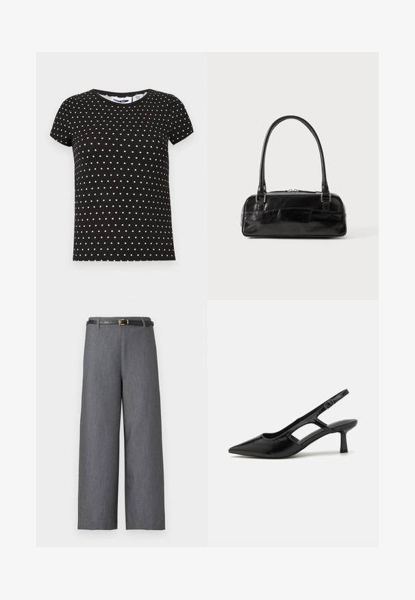 Zwart T-shirt met korte mouwen met witte polka dots, ronde hals en een rechte zoom.; Grijze broek met wijde pijpen en een hoge taille, gecombineerd met een smalle zwarte riem met een kleine gouden gesp.; Zwarte slingback hakken met een spitse neus, gemaakt van glanzend materiaal, met uitsnijdingen en een gematigde hak voor ondersteuning.; Zwarte leren handtas met een rechthoekige vorm, voorzien van een enkele gestructureerde handgreep, zilveren hardware en ritsluiting. Gladde textuur.