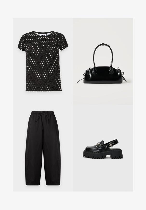 Zwart T-shirt met korte mouwen met witte polka dots, ronde hals en een rechte zoom.; Zwarte wijde broek met elastische tailleband en trekkoord, cropped lengte, eenvoudig ontwerp, zonder zichtbare zakken of patronen.; Zwarte platform sandalen van glanzend leer, met een gespband en een gestructureerde dikke zool met uitgesproken ribbels.; Kleine zwarte glanzende handtas met twee lange hengsels en zijkant trekkoord details op een effen lichte achtergrond.