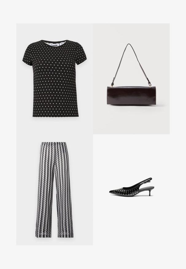 Sort kortærmet t-shirt med hvide polkaprikker, rund halsudskæring og lige kant.; Sort-hvide zigzag-mønstrede bukser med vide ben og høj talje, vist fladt på en hvid baggrund.; Sorte læderslingback hæle med spids tå og lille hæl. Dekoreret med metalliske nitter langs overdelen for ekstra tekstur.; Rektangulær sort læderhåndtaske med en enkelt lang rem og blank finish, vist mod en ensfarvet hvid baggrund.