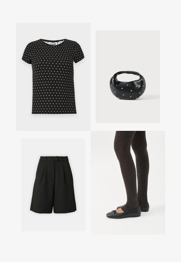 T-shirt noir à manches courtes avec des pois blancs, col rond et ourlet droit.; Vero Moda Tall VMBECCA BERMUDA - Short - black; Jambes portant des leggings côtelés foncés associés à des ballerines noires avec de petits détails en nœud sur fond blanc.; Sac à main en cuir noir de forme arrondie, décoré de clous argentés et équipé d'une poignée courte. Texture lisse et fermeture éclair.