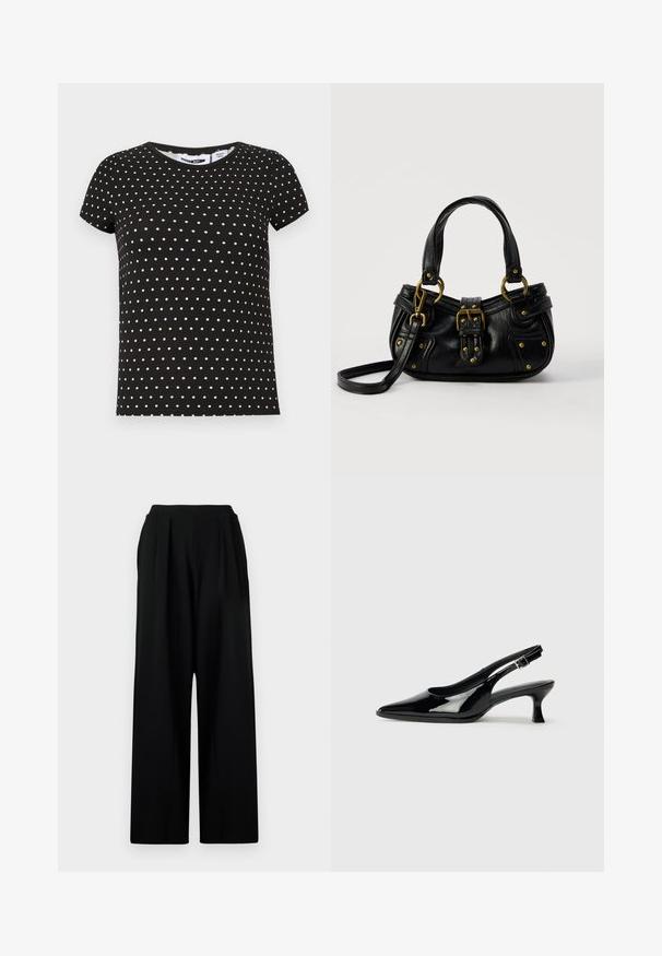Zwart T-shirt met korte mouwen met witte polka dots, ronde hals en een rechte zoom.; Zwarte wijde broek met hoge taille, voorzien van voorplooien en een gladde, gestructureerde stof. Geen zichtbare zakken of versieringen.; Zwarte lakleren slingback schoenen met een spitse neus en een lage blokhak. Verstelbare gespband bij de enkel.; Zwarte leren handtas met gouden gesp en klinknagel details, korte handvatten en een verstelbare schouderriem op een effen witte achtergrond.