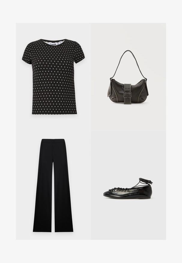 T-shirt noir à manches courtes avec des pois blancs, col rond et ourlet droit.; Pantalon noir à jambes larges avec une taille haute et un tissu lisse, présenté à plat sur un fond blanc.; Ballerines en cuir verni noir avec un bout rond, un design à lacets et une semelle plate. Texture lisse avec peu de détails.; Sac à épaule en cuir noir avec une sangle à boucle, des bords arrondis et des coutures blanches contrastées sur un fond uni.