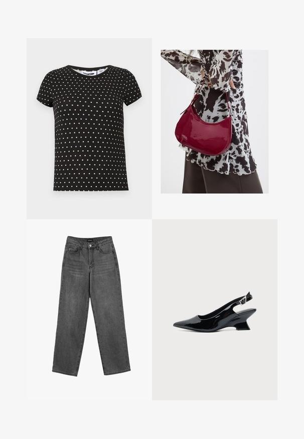 Čierne tričko s krátkym rukávom s bielymi bodkami, okrúhlym výstrihom a rovnou lemovkou.; Čierne džínsy s vysokým pásom a rovnými nohavicami, s predným zapínaním na gombík a vreckami, vystavené na bielom pozadí.; Čierna lakovaná slingback topánka so špicatou špičkou a nízkym šikmým blokovým opätkom na jednoduchom svetlom pozadí.; Žena v čierno-bielom vzorovanom blúzke drží lesklú červenú kabelku cez rameno na jednofarebnom pozadí.