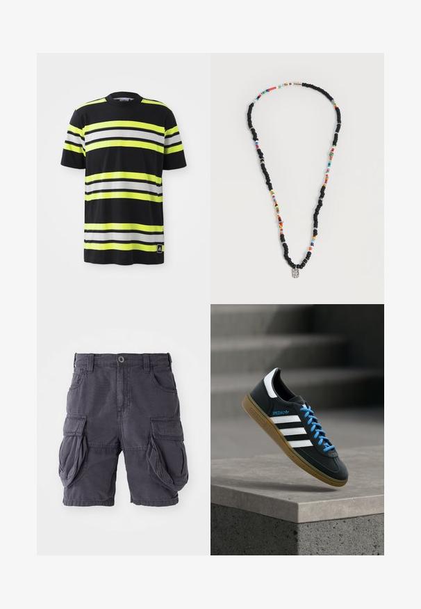 Schwarzes T-Shirt mit horizontalen Streifen in Neon-Gelb, Weiß und Schwarz. Verfügt über einen Rundhalsausschnitt und ein Adidas-Logo unten links.; Cargo-Shorts aus dunkelgrauer Baumwolle, mit klassischer Passform, mehreren Seitentaschen und einem vorderen Knopfverschluss. Glatte Textur.; Schwarzer Adidas-Sneaker mit weißen Streifen, blauen Schnürsenkeln und Gummisohle, der über einer grauen Betontreppe im weichen Licht schwebt.; Halskette mit abwechselnden schwarzen und mehrfarbigen Perlen, kleinen Silberringen und einem rechteckigen klaren Perlenanhänger.