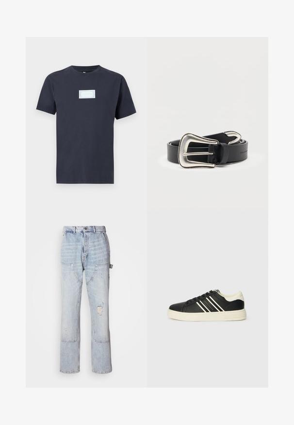 Marineblå T-shirt med korte ærmer og en lille rektangulær hvid etiket centreret på brystet med svag dekorativ tekst.; Lyseblå denim carpenter jeans med flere lommer, en frontknap, lynlås og slidte detaljer på højre lår.; Sort sneaker lavet af glat læder med cremefarvede accenter, der har tre vandrette striber og en struktureret gummisål. Simpelt snørebåndsdesign.; Sort læderbælte med stort, sølvfarvet western-spænde og matcher sølv bæltespids, rullet sammen på hvid baggrund.