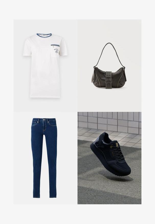 Wit T-shirt met korte mouwen met blauwe bies aan de kraag, borstzak met blauwe rits en donkerblauwe bedrukte tekst op de zak.; Donkerblauwe slim-fit denim jeans met knoop- en ritssluiting aan de voorkant, riemlussen en voor- en achterzakken.; Zwarte sneaker met een bovenwerk van mesh, glanzende accenten, gouden hardware, een gestructureerde zool en een gewatteerde kraag voor comfort.; Zwarte leren schoudertas met gespsluiting aan de riem, afgeronde hoeken en contrasterende witte stiksels op een effen achtergrond.
