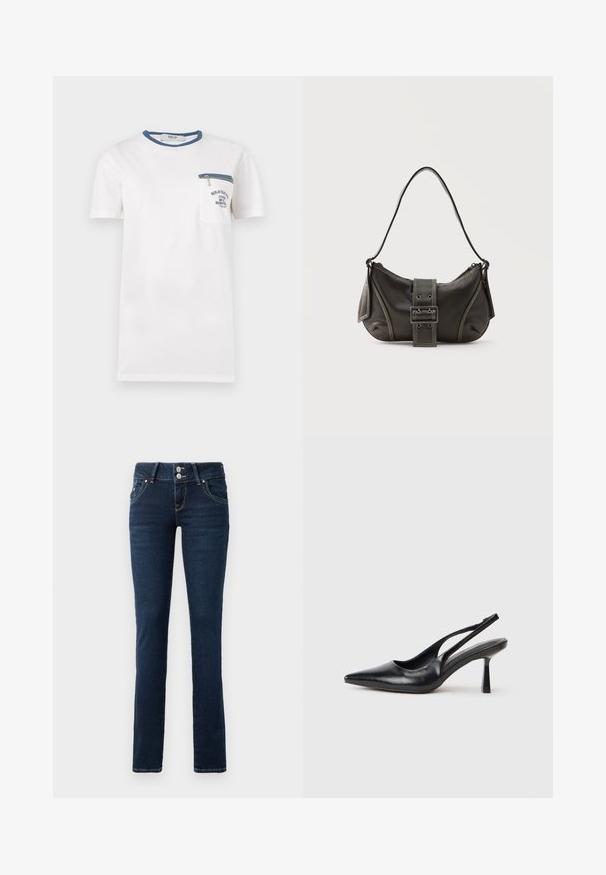Wit T-shirt met korte mouwen met blauwe bies aan de kraag, borstzak met blauwe rits en donkerblauwe bedrukte tekst op de zak.; Donkerblauwe skinny jeans met dubbele knoopsluiting, voorzakken en gele stiksel op een witte achtergrond.; Zwarte leren slingback hoge hak schoenen met puntige neus en slanke hak op een witte achtergrond.; Zwarte leren schoudertas met gespsluiting aan de riem, afgeronde hoeken en contrasterende witte stiksels op een effen achtergrond.