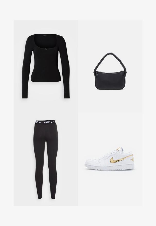Musta vartalonmyötäinen pitkähihaisen paita, jossa on neliskanttinen pääntie ja pieni koristeellinen rusetti keskellä edessä.; Mustat urheilutrikoot, joissa on korkea vyötärö ja valkoinen Nike-logo. Kangas on sileä ja joustava, suunniteltu aktiiviseen käyttöön.; Jordan AIR JORDAN 1 LOW SE - Matalavartiset tennarit - white/metallic gold; Mustat käsilaukku, jolla on pyöreä muoto ja joka on valmistettu sileästä materiaalista. Varustettu punotulla kahvalla ja vetoketjulla turvallista säilytystä varten.
