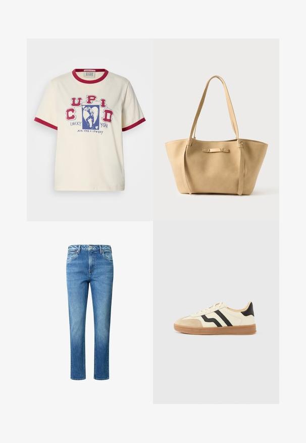 T-shirt crème à manches courtes avec col et poignets côtelés rouges, arborant un motif graphique bleu avec le texte "Cupidon, chanceux, vise un cowboy."; Jean en denim bleu clair avec une coupe droite, cinq poches, une fermeture à bouton et à zip, et une légère décoloration sur les cuisses.; Baskets à lacets avec une tige crème ornée de rayures noires et un bout en daim, complétées par une semelle en caoutchouc marron.; Sac fourre-tout en cuir beige avec deux longues lanières, texture lisse et un subtil accent en métal à l'avant. Conception à ouverture supérieure, intérieur spacieux.
