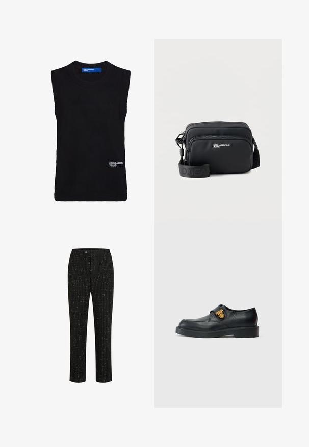 Schwarzer ärmelloser Pullover, gerippte Textur, Rundhalsausschnitt, mit kleinem weißem Logo unten rechts. Glattes, figurbetontes Design.; Schwarze maßgeschneiderte Hose mit einem strukturierten Muster aus dünnen weißen vertikalen Linien, geradem Schnitt und einem Knopfverschluss an der Taille.; Schwarzer Lederschuh mit abgerundeter Spitze, strukturierter Oberfläche und einem Schlupfdesign. Verfügt über ein goldfarbenes Hardware-Detail an der Seite.; Schwarze rechteckige Crossbody-Tasche mit zwei Reißverschlussfächern, „KARL LAGERFELD JEANS“-Logo und verstellbarem Markenriemen auf weißem Hintergrund.