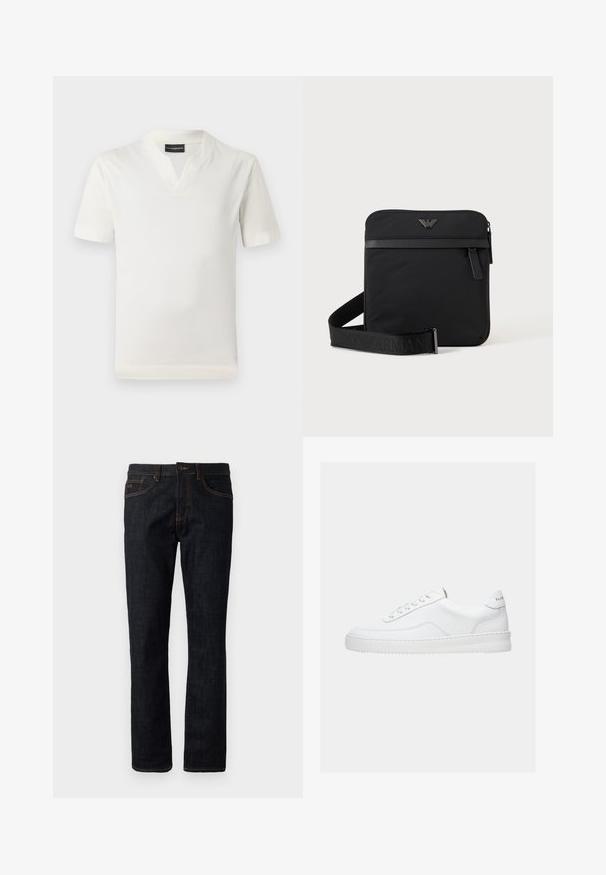 Weißes T-Shirt mit kurzen Ärmeln und V-Ausschnitt aus weichem Material. Schlichte, gerade Schnittform ohne Muster oder zusätzliche Akzente.; Dunkelblaue Slim-Fit-Jeans mit orangefarbenen Nähten, Knopfverschluss und Fünf-Taschen-Design, flach gegen einen weißen Hintergrund präsentiert.; Weißer Sneaker mit niedrigem Schaft, Schnürdesign, glattem Lederobermaterial und dicker Sohle, von der Seite auf einfachem Hintergrund gezeigt.; Schwarze quadratische Schultertasche mit Reißverschluss, Vordertasche und verstellbarem Riemen mit eingeprägtem Markennamen.