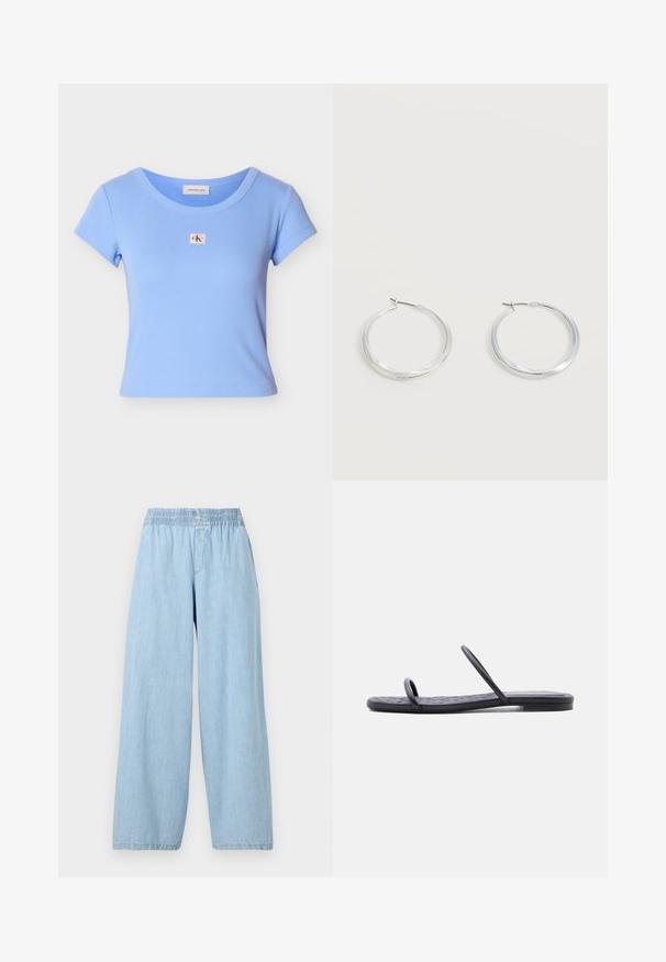 T-shirt en coton bleu clair côtelé à manches courtes, avec un petit patch logo rectangulaire sur la poitrine et un col rond.; Pantalons larges de couleur bleu clair en denim avec une taille élastique. Texture lisse sans motifs ni embellissements visibles.; Sandale plate noire avec semelle fine matelassée et deux fines brides sur les orteils et le milieu du pied, présentée de profil sur fond blanc.; Boucles d’oreilles créoles en métal argenté avec une surface lisse légèrement incurvée et des fermoirs à clapet sur un fond blanc uni.
