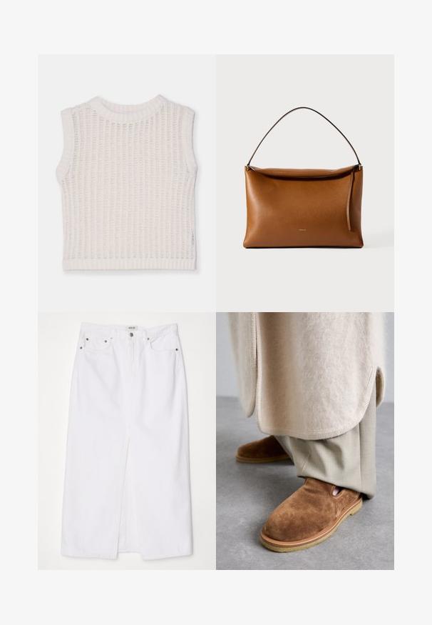 Ærmeløs hvid top med ribbet tekstur, med rund halsudskæring og et åbent strikdesign. Enkel og afslappet silhuet.; Hvid denimnederdel med splid foran, fem-lomme design, metalknap og lynlåslukning samt syede kantdetaljer.; Brune ruskinds slip-on sko med rund tå, gummisul, og detaljer med udskæring i siden, parret med lyse beige skræddersyede bukser.; Rektangulær skuldertaske i lysebrunt læder med en enkelt strop og en toplynlås mod en ensfarvet hvid baggrund.