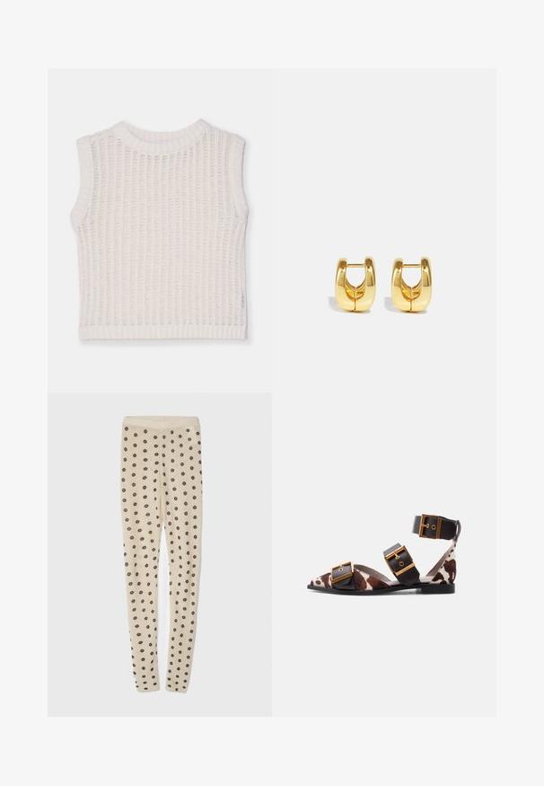 Débardeur blanc sans manches avec une texture côtelée, présentant un col rond et un design en tricot ouvert. Silhouette simple et décontractée.; Leggings beiges au toucher doux, ornées d'un motif de petites fleurs sombres sur l'ensemble. Taille élastique pour un ajustement confortable.; Sandale plate à bout pointu avec imprimé vache marron et blanc, bretelles en cuir noir et trois grandes boucles dorées, dont une autour de la cheville.; Boucles d'oreilles en or avec un design élégant et arrondi. Présentent un centre creux et une surface brillante, complétant les styles modernes.